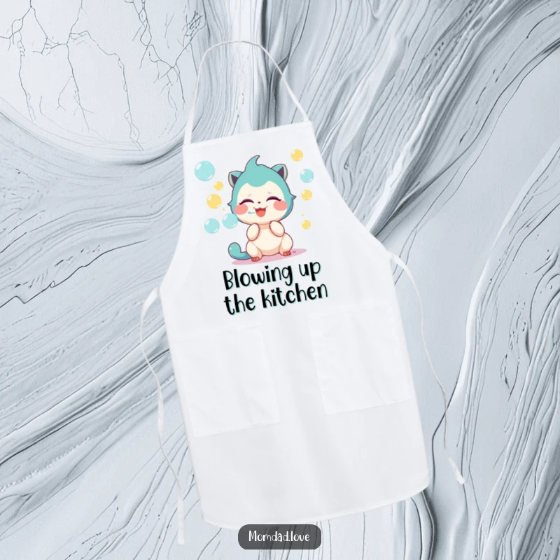 Funny apron showing a cute creature in mid-giggle, blowing a stream of wonderfully colorful and soapy bubbles.
