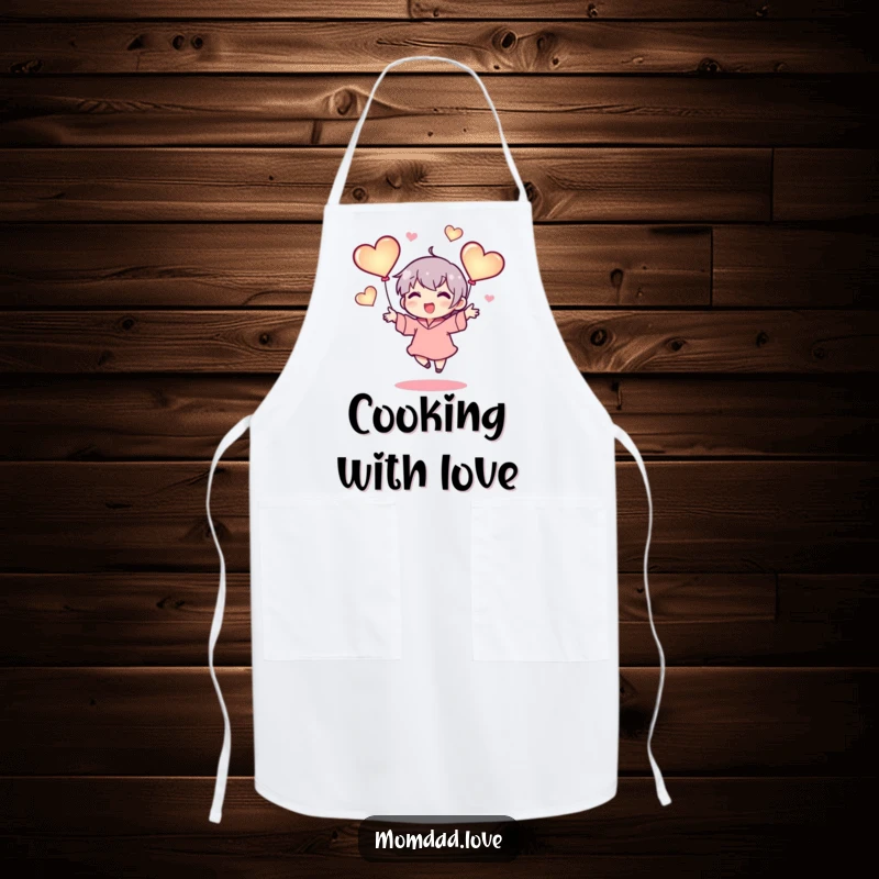 Funny apron with a tiny character happily juggling three glowing hearts, adding a touch of love and protection to kitchen activities, great gift.