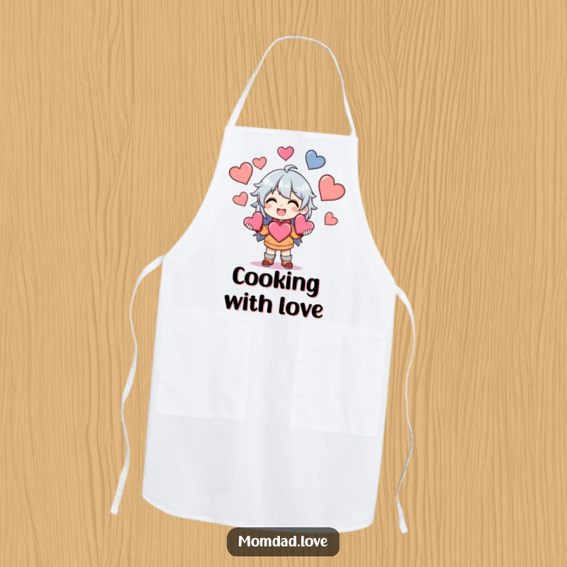Funny Apron depicting an anime style character grinning while juggling multiple hearts, adding a playful touch to cooking.