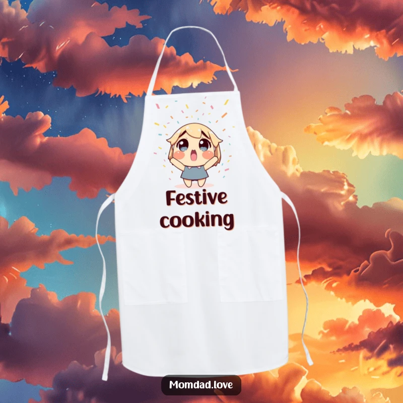 Funny apron with a surprised character under falling confetti, great for party hosting humor. Gift.