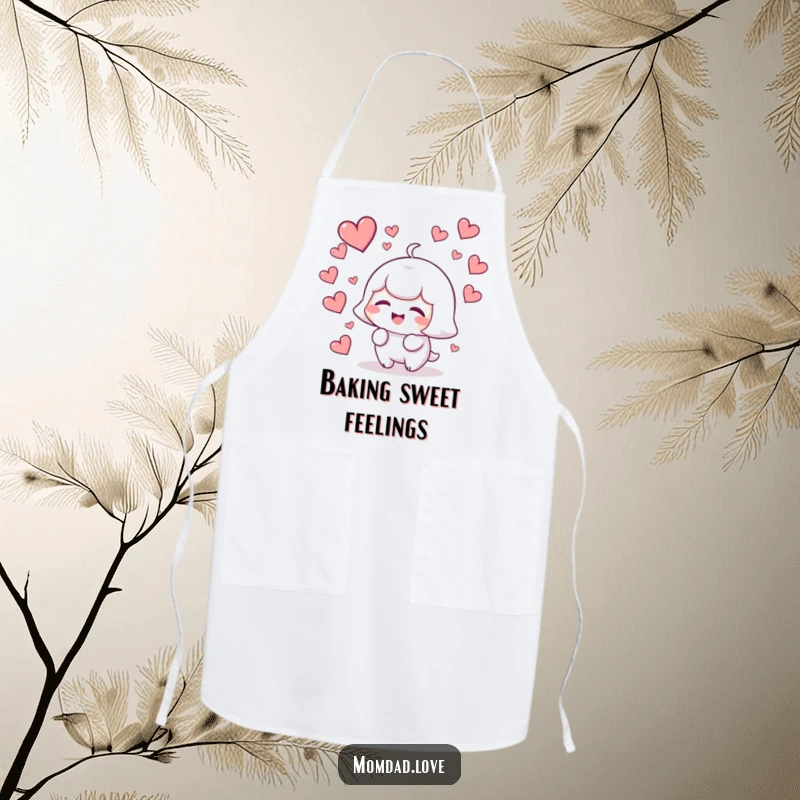 Funny kawaii character giggling as hearts fall around, a cute and humorous apron for kitchen fun.