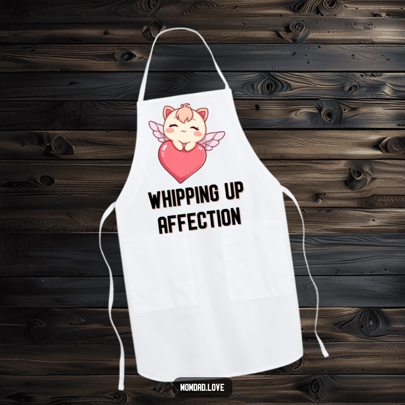 Funny kawaii character winking while flying on a heart, a cute and humorous apron for kitchen fun and gifting.