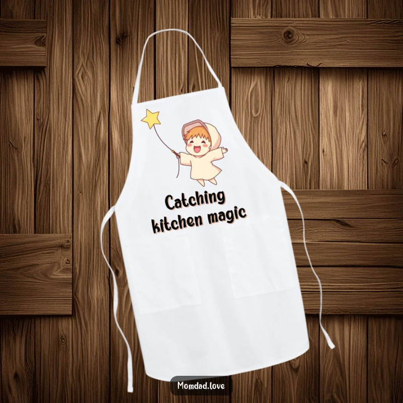 Funny apron depicting a delighted figure happily catching a falling star in a net, perfect for culinary magic.