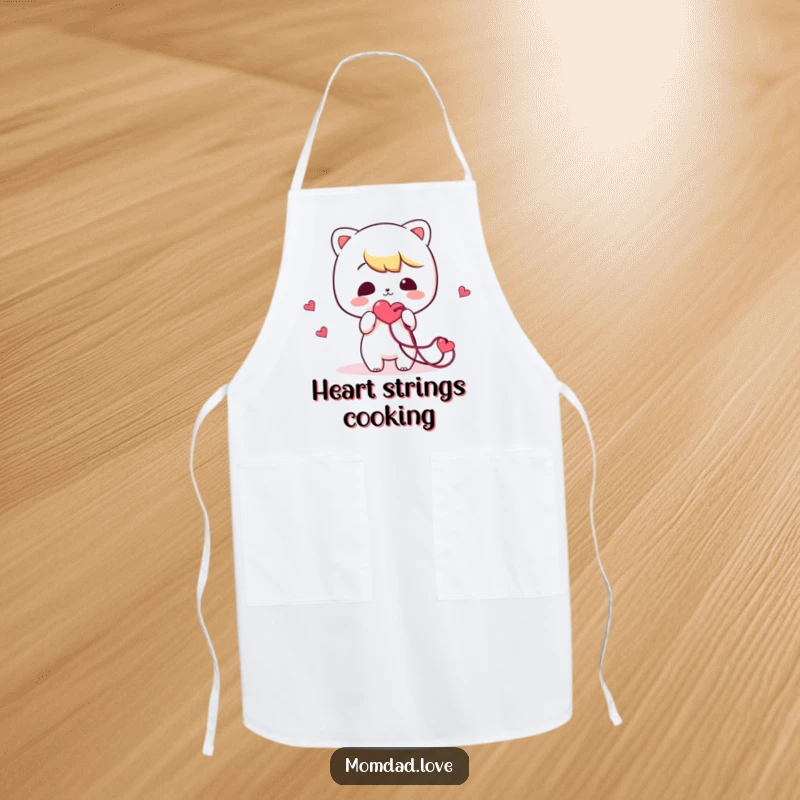 Funny Apron: Kawaii character comically offering a tangled heart string, bringing humor and charm to cooking.