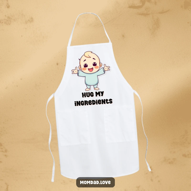 Funny apron showing a cheerful character striking a wildly goofy pose with arms outstretched, ready for a hilarious cooking session.
