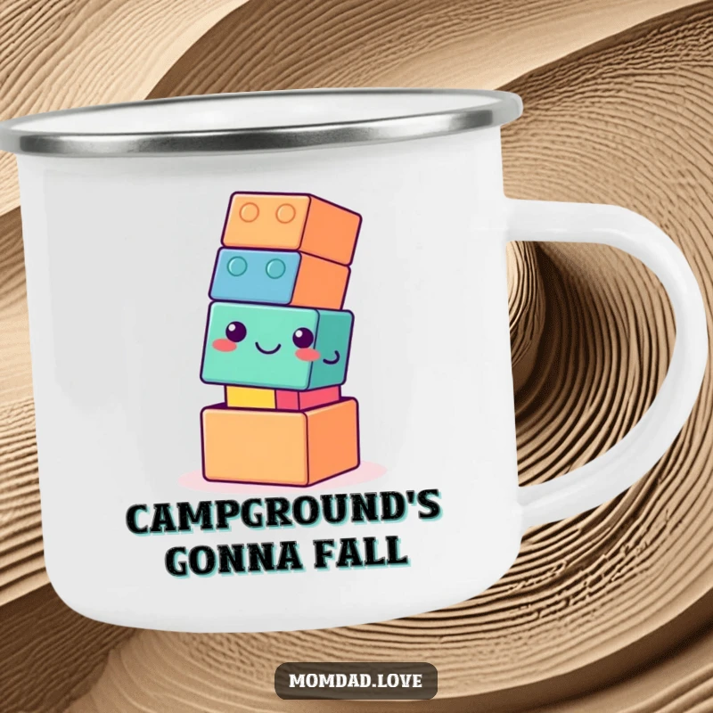 Funny camping mug depicting a wobbly building block tower with a gentle smile, perfect for enjoying beverages outdoors with a humorous touch.