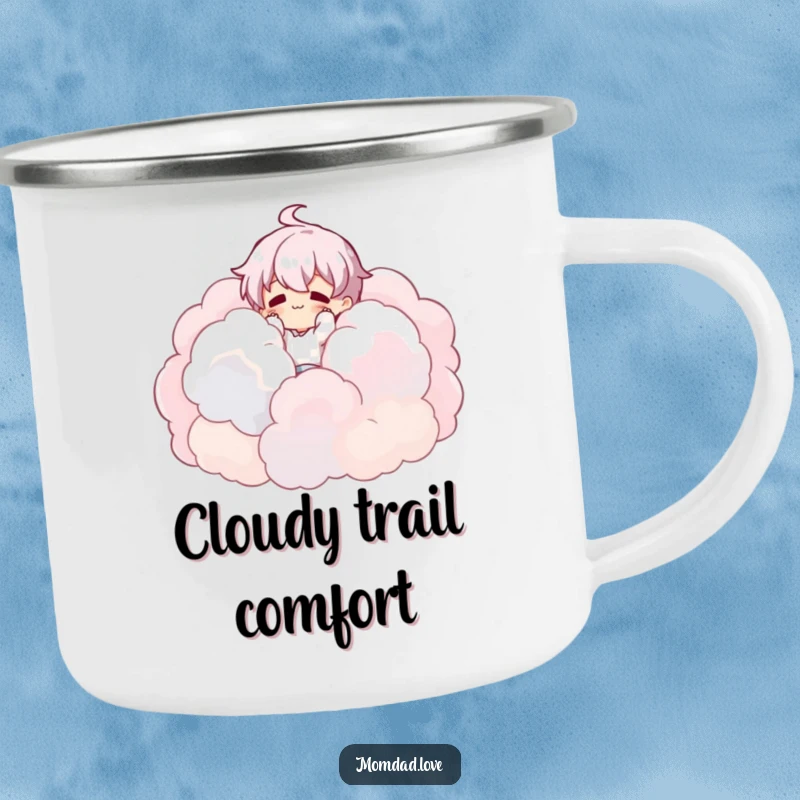Funny Camping Mug: Character tumbling into clouds, perfect for outdoor adventures and as a funny gift.