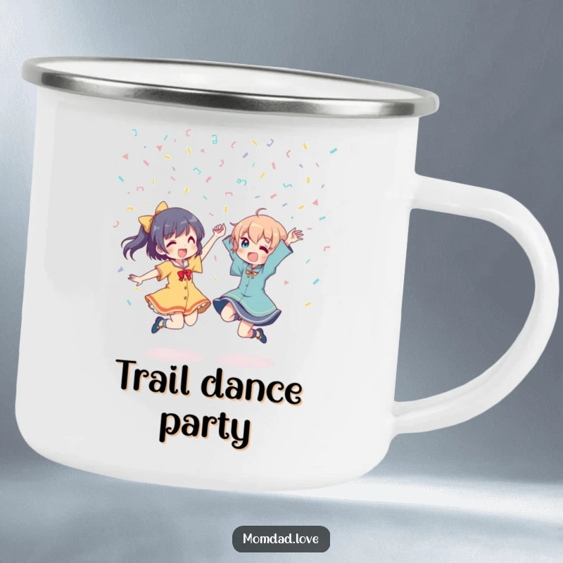 Funny Camping Mug: Two anime characters dancing energetically under confetti, ideal for outdoor adventures and festive campfire moments.