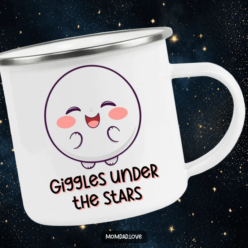 Funny Camping Mug displaying a bubbly character with dots for cheeks, giggling and shaking with laughter.