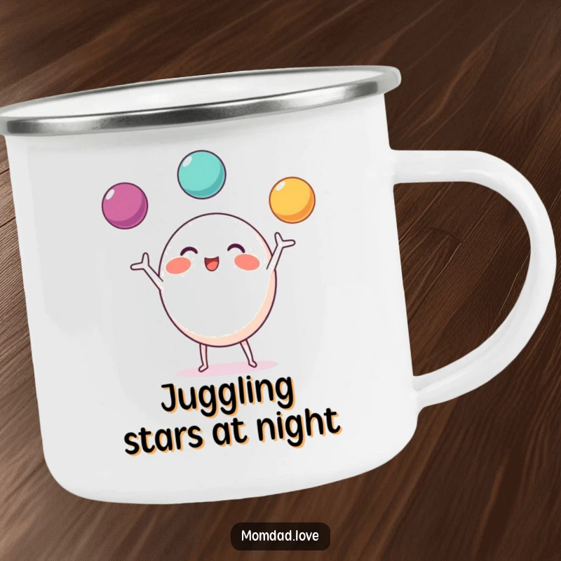 Funny Camping Mug displaying a round character with small limbs, excitedly juggling three bright balls.