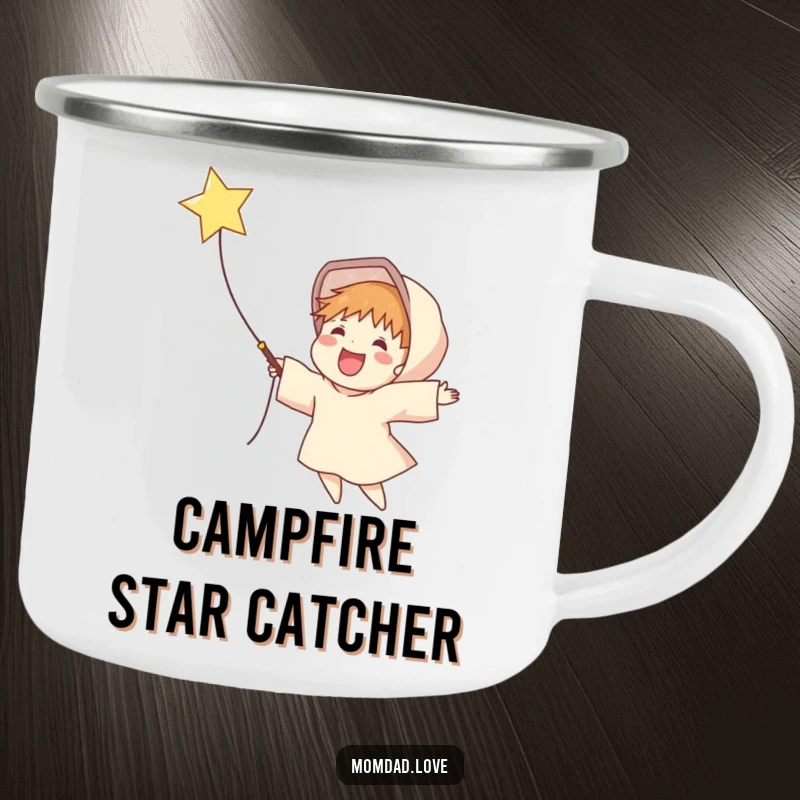 Funny camping mug featuring a delighted figure catching a falling star in a net, perfect for enjoying outdoor magic.