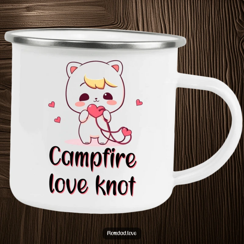 Funny Camping Mug: Features a kawaii character comically offering a tangled heart string, perfect for cozy, humorous outdoor drinks.