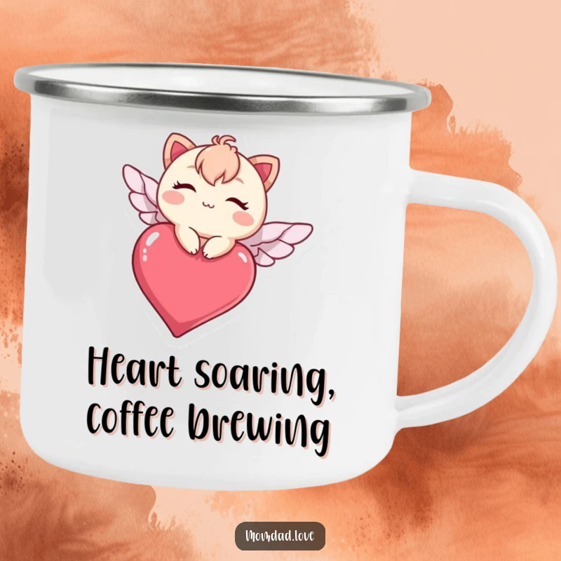 Funny kawaii character winking while flying on a heart, a durable and humorous camping mug for outdoor adventures.