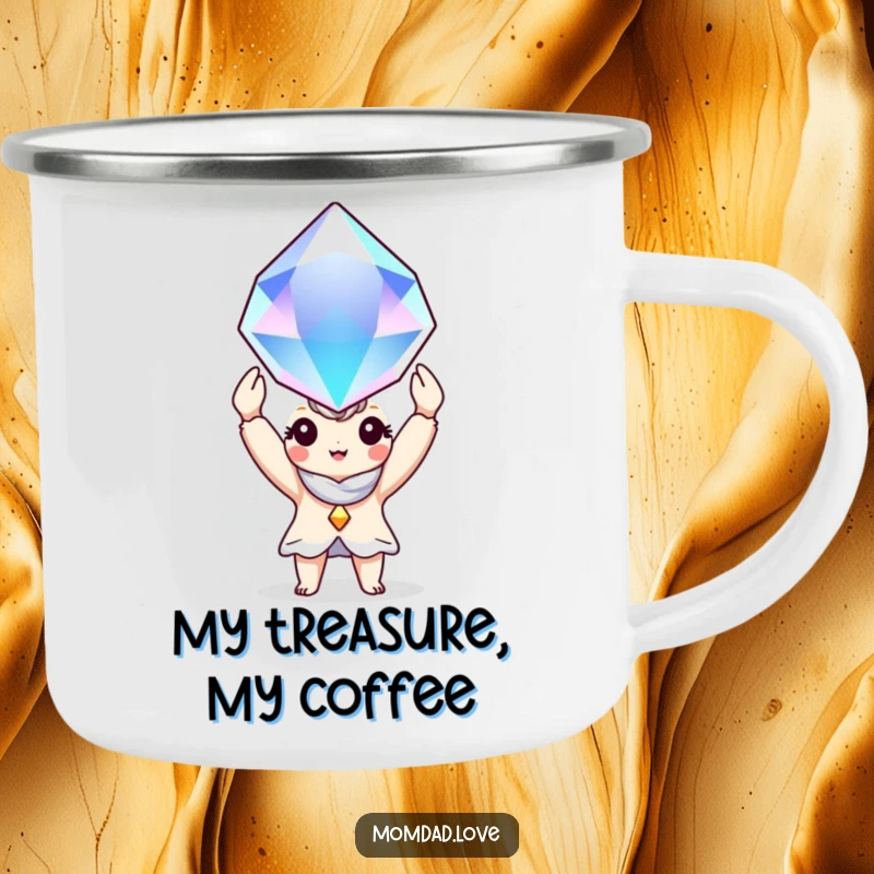 Funny Camping Mug: A charming character holds a huge, sparkling gem, ready for outdoor exploration.