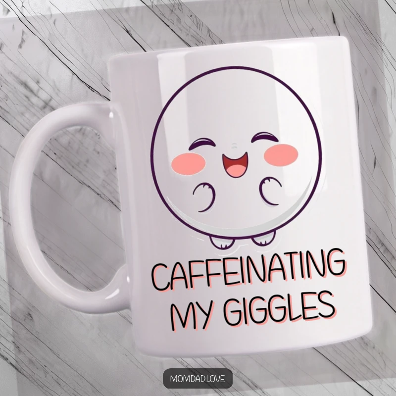Funny Mug of a bubbly character with dotted cheeks, giggling uncontrollably and shaking with laughter.