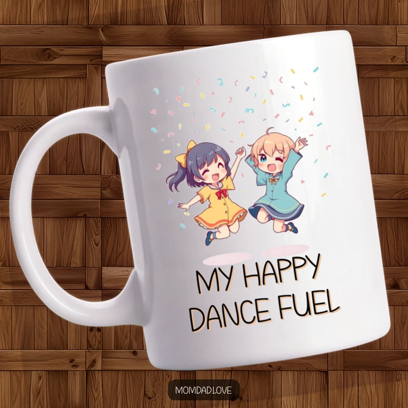 Funny Mug: Two anime characters dancing energetically under falling confetti, celebrating with pure joy and vibrant party atmosphere.