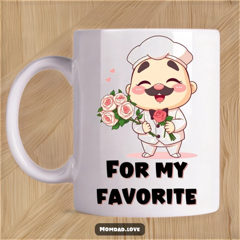Funny anime papa character winking playfully while holding a vibrant bouquet, a heartwarming dad gift.