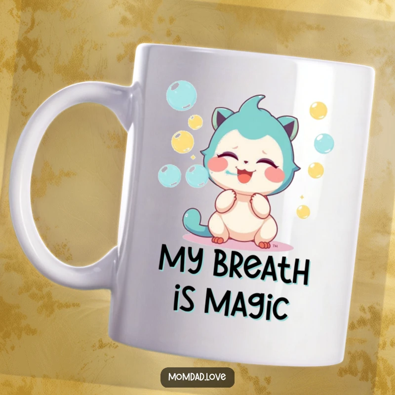 Funny mug featuring a cute, giggling creature joyfully blowing a stream of vibrant, colorful bubbles with a cheerful expression.