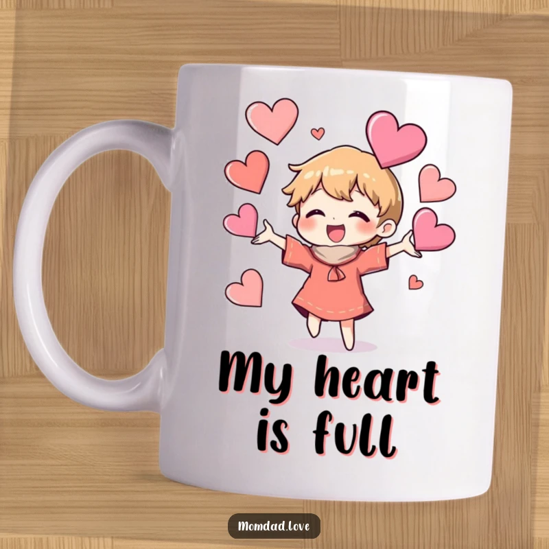 Funny Mug featuring joyful character playfully juggling several mismatched red heart shapes with a gleeful expression, perfect for gift-givers.