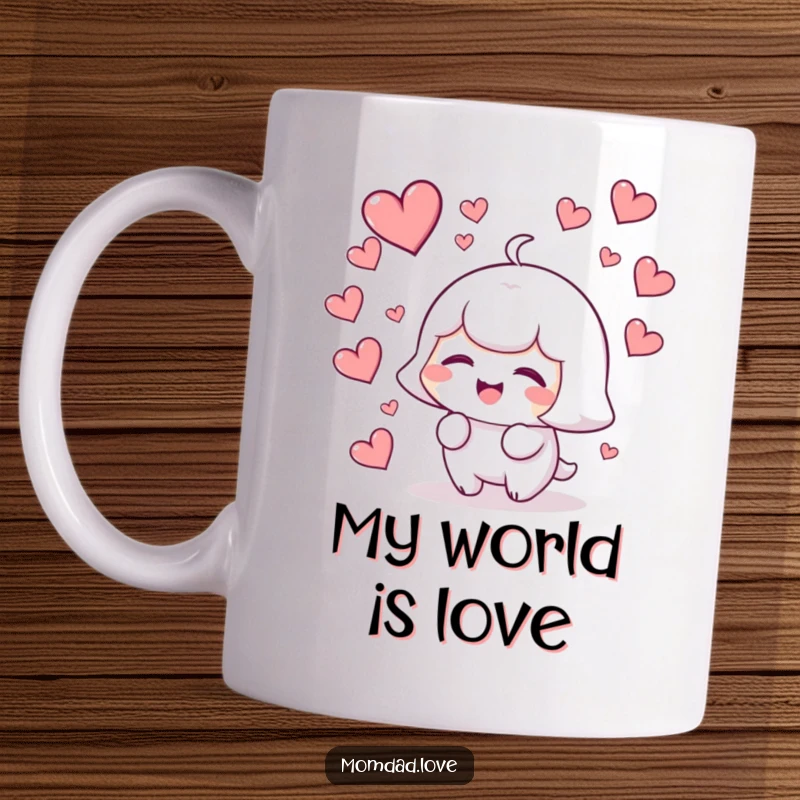 Funny kawaii character giggling uncontrollably as a cascade of pink hearts falls around it, a joyful and humorous mug.
