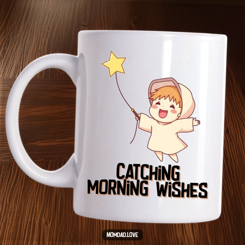 Funny mug depicting a cheerful figure joyfully catching a twinkling falling star in an outstretched net, symbolizing dreams coming true.
