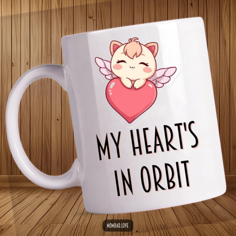 Funny kawaii character winking joyfully while flying adorably on a pink heart, perfect for a cute and humorous gift.