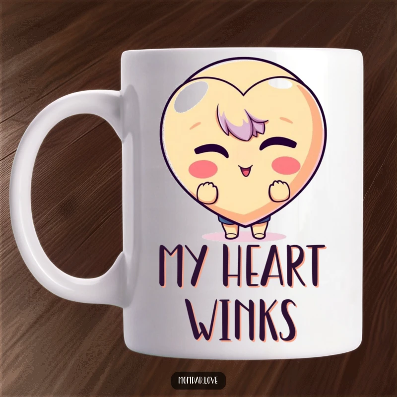 Funny Mug: Character mischievously peeking from behind a large, winking red heart emoji, a charming funny gift.