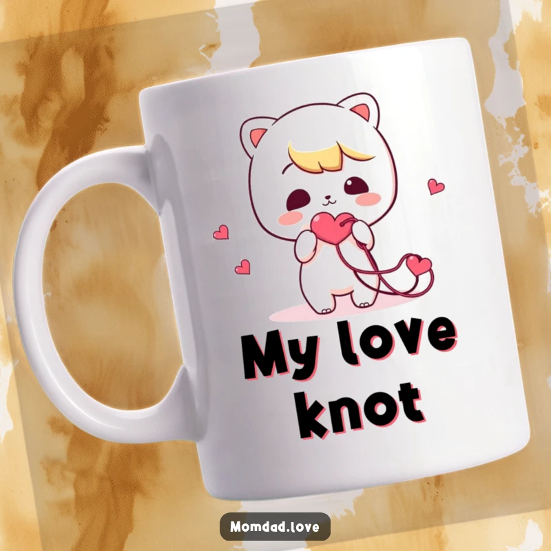 Funny Mug: Cute kawaii character humorously offering a tangled heart string, representing imperfect but adorable love.