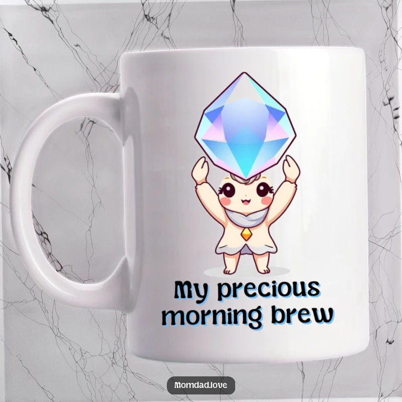 Funny Mug: A charming character joyfully holds a large, shimmering gem aloft, symbolizing a prize possession.