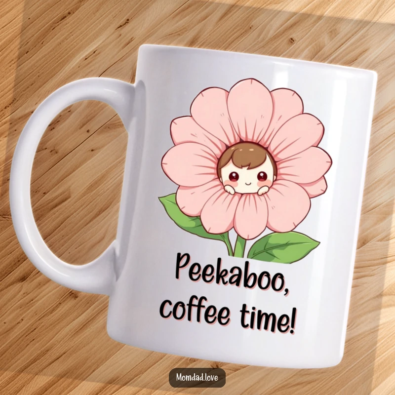 Funny Mug: A curious character playfully peeks from behind a large, smiling flower, inviting interaction.