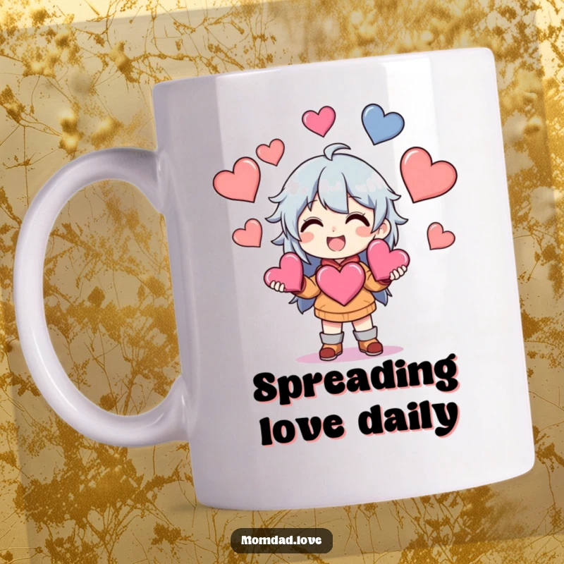 Funny Anime style mug featuring a character with a wide grin, skillfully juggling multiple colorful hearts, radiating affection.