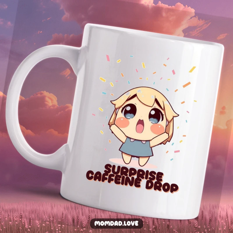 Funny mug with a surprised character looking up as confetti rains down happily. A festive and humorous gift.