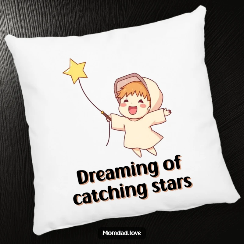 Funny pillow featuring a delighted figure successfully capturing a bright falling star in an outstretched net, embodying magical moments.