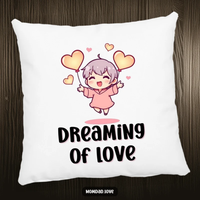 Funny pillow with a tiny character happily juggling three glowing hearts, offering soft comfort and a symbol of abundant love and joy, perfect accent.