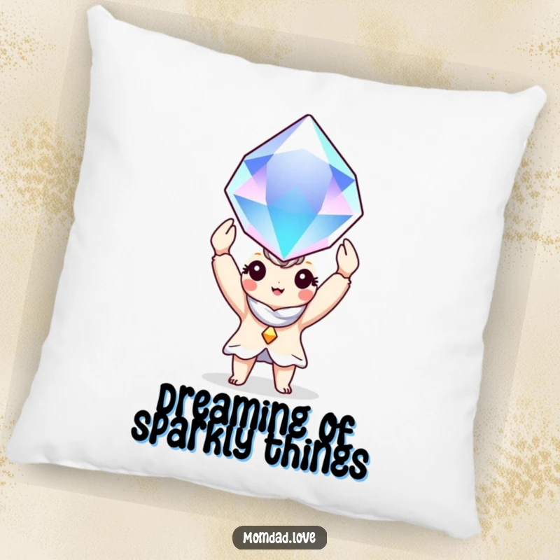 Funny Pillow: A charming character cuddles a huge, shimmering gem, bringing joy and comfort.