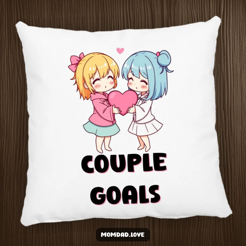Funny pillow with two anime characters in a loving embrace with hearts, soft and romantic comfort.