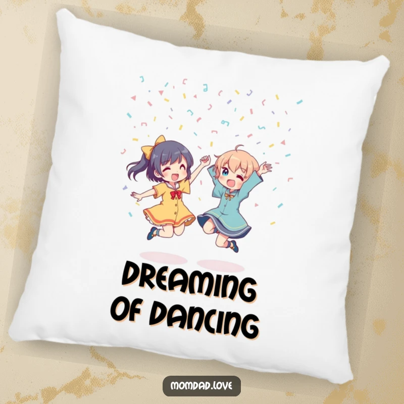 Funny Pillow: Two anime characters energetically dancing beneath a shower of confetti, offering comfort with a side of festive fun.