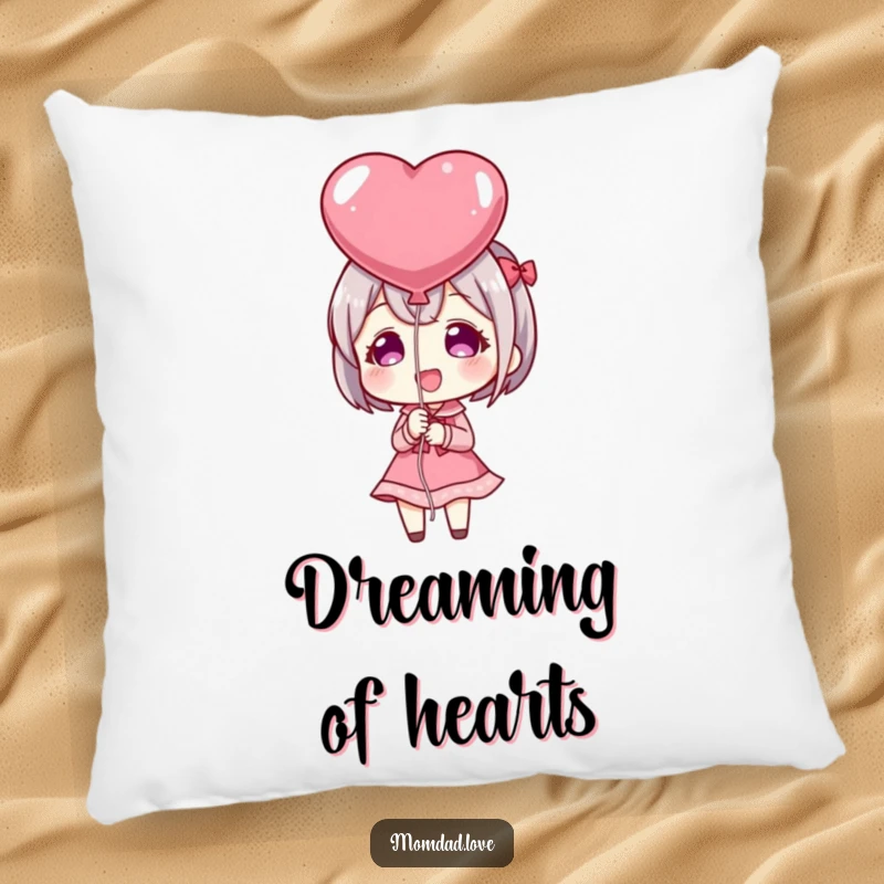 Funny Pillow: Anime character happily presenting a heart-shaped balloon, symbolizing love and comfort for cozy moments.