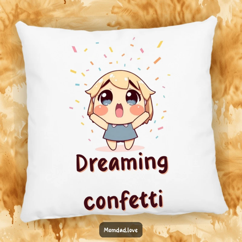 Funny pillow with a surprised character under falling confetti, offering comfort and festive humor. Cushion.
