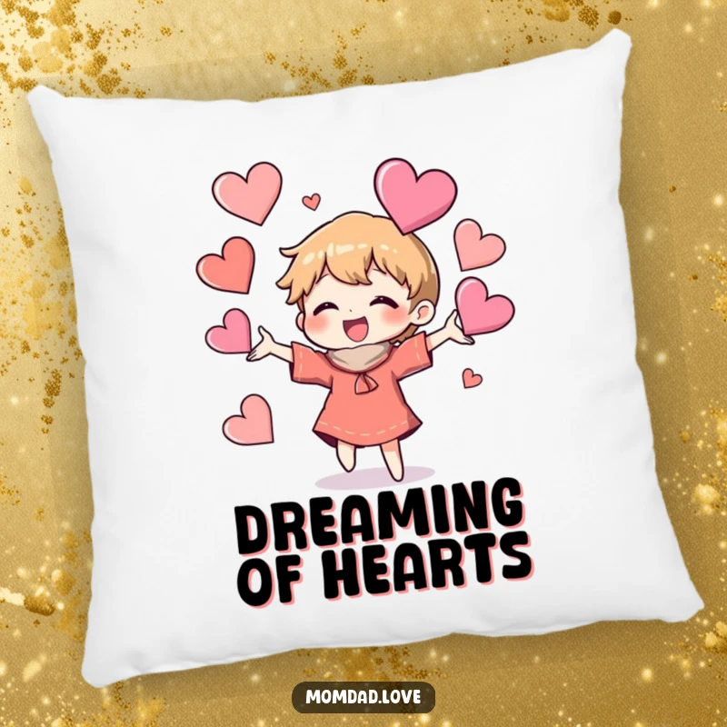 Funny Pillow: Cozy cushion featuring a character playfully juggling many heart shapes, ideal for humorous home decor.