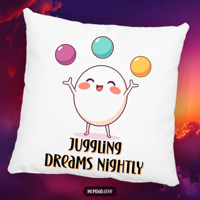 Funny Pillow showing a round character with small limbs, excited about juggling three bright balls.
