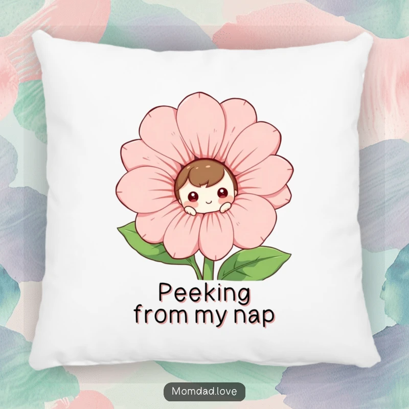 Funny Pillow: A curious character peeks from behind a giant, smiling flower, offering cozy support.