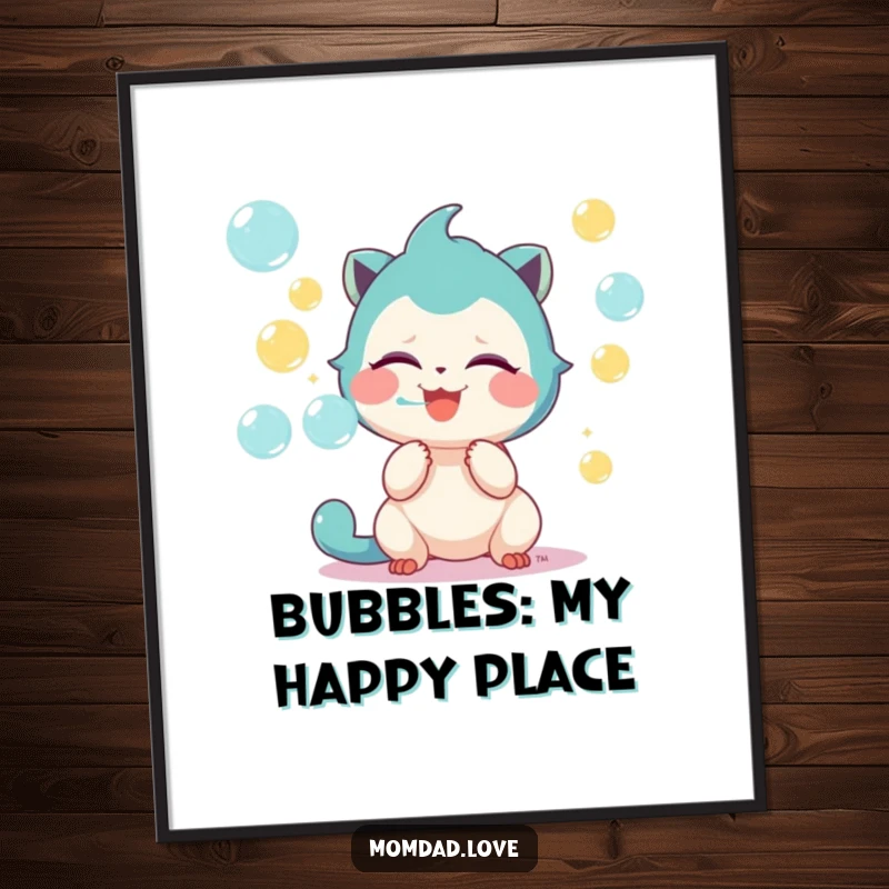 Funny digital art print of a cute creature in uncontrollable giggles, blowing a spectacular stream of multi-colored soap bubbles.