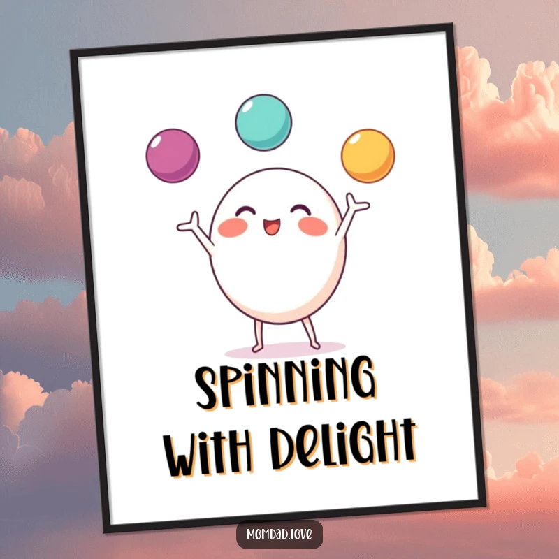 Funny Digital Art Print of a round character with small limbs, excitedly juggling three bright balls.
