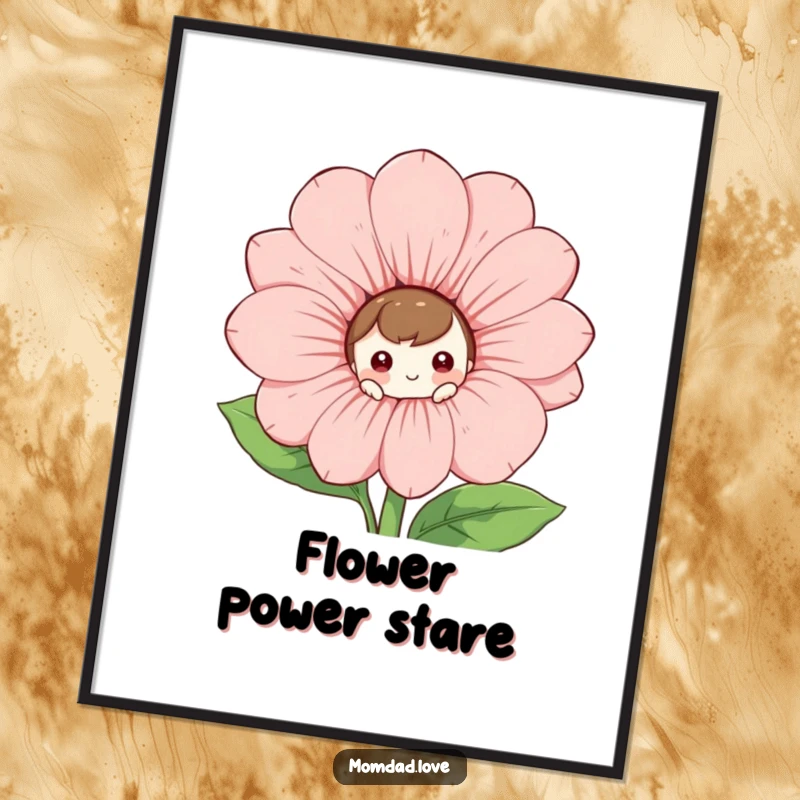 Funny Digital Art Print: A curious character playfully peeks from behind a massive, smiling flower, artful and fun.