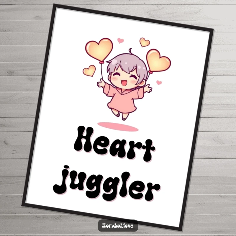 Funny digital art print of a tiny character happily juggling three glowing hearts, creating a vibrant and loving focal point for any room's decor.