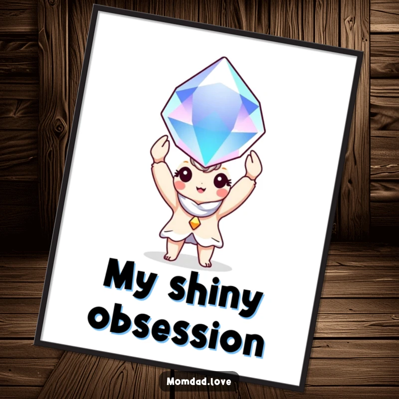 Funny Digital Art Print: A charming character joyfully showcases a massive, luminous gem, a work of art.