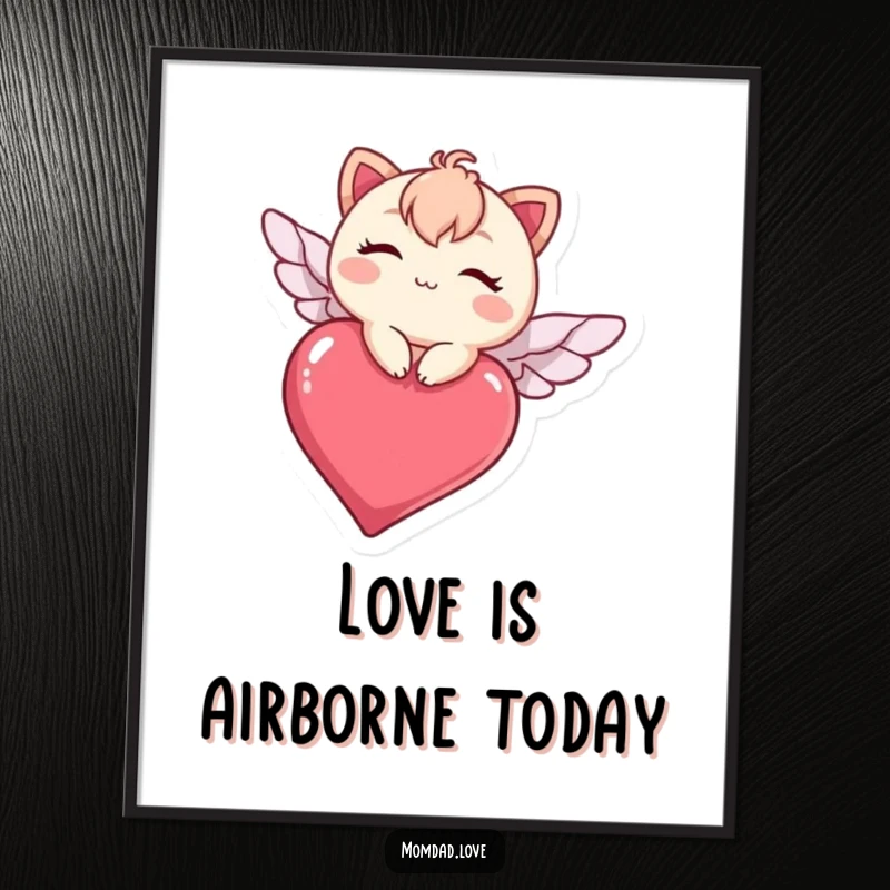 Funny kawaii character winking while flying on a heart, a charming and humorous digital art print for instant decor.