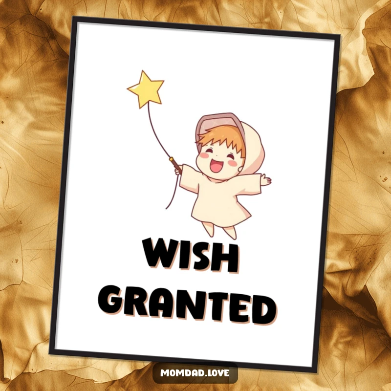 Funny digital art print of a delighted figure joyfully catching a twinkling falling star in an outstretched net, full of wonder.