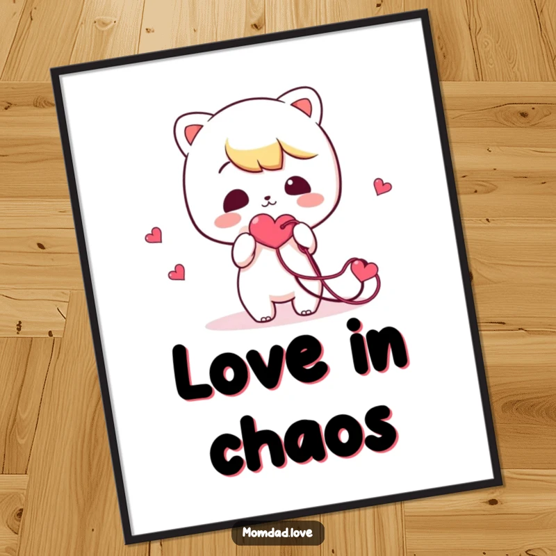 Funny Digital Art Print: A delightful depiction of a kawaii character comically offering a tangled heart string, full of charm.
